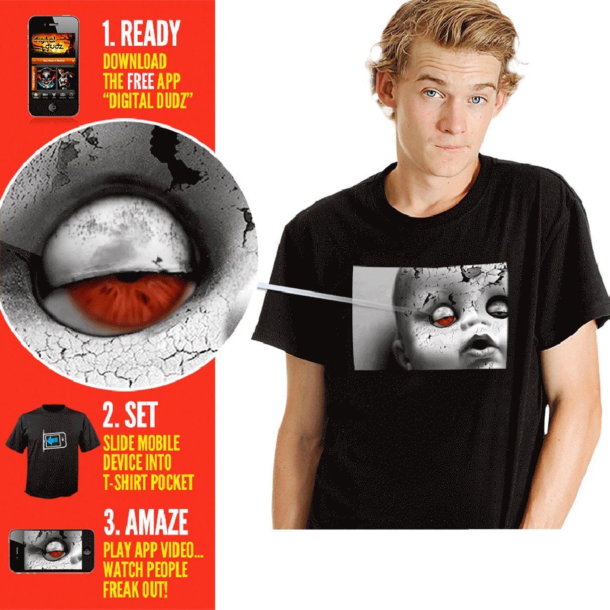 Halloween Fancy Dress Costume Adult - Moving Eye Creepy Doll T-Shirt