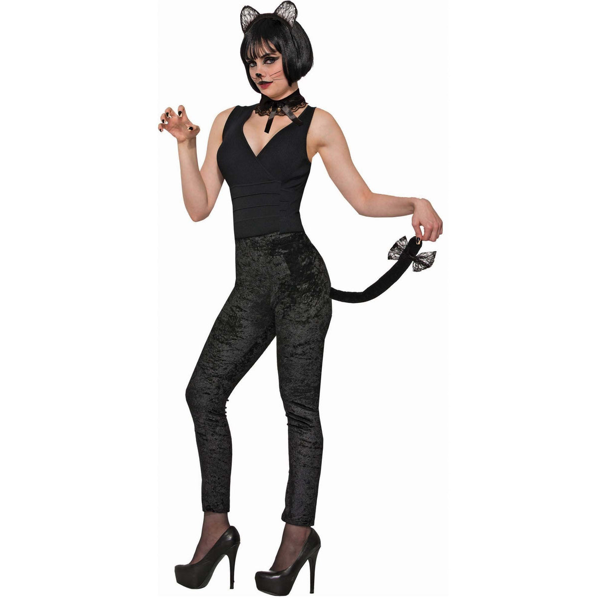 Halloween Fancy Dress Accessories - Black Lace Ears, Collar & Tail Kit